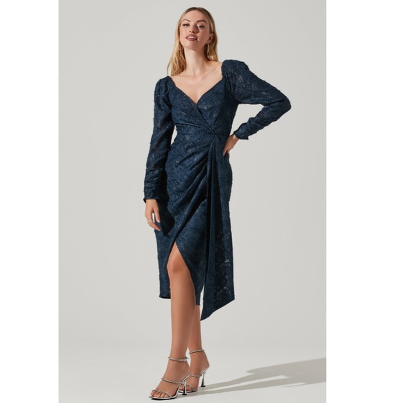 NEW ASTR Label NAVY Terese METALLIC Floral LONG SLEEVE Cocktail MIDI DRESS XS - Picture 13 of 16